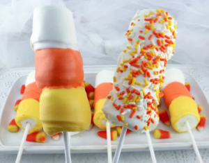 marshmallow pops decorated as candy corn