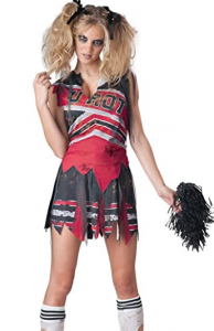 A young woman in a Halloween cheerleader costume
