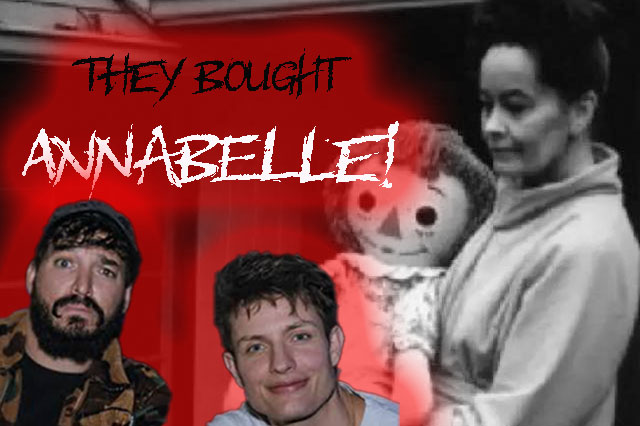 two men sit in front of a haunted Annabelle doll and demonologist Lorraine Warren
