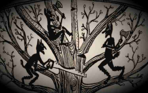 An etching of tiny demons cutting down a tree