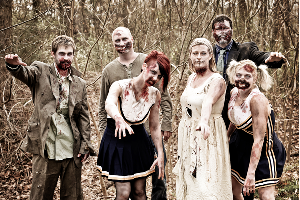 group of zombies in the woods