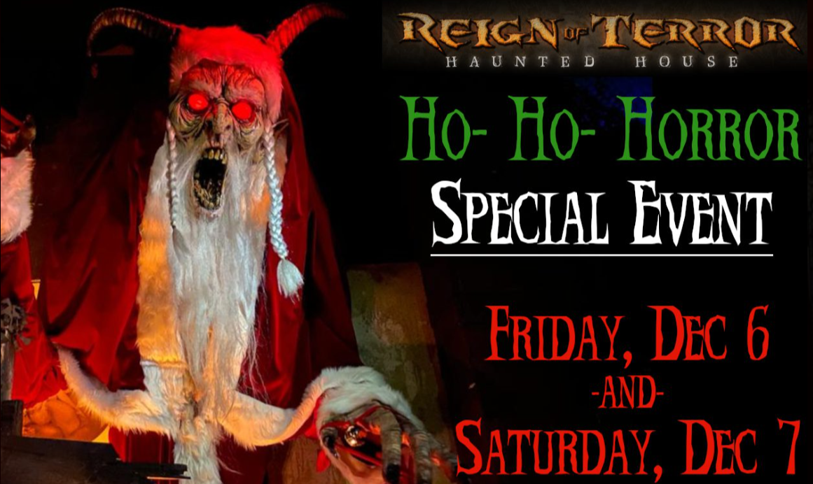 A Krampus actor stands beside an announcement for the Reign of Terror haunted house event in California