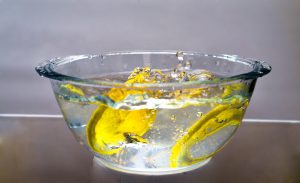 a bowl full of water and fresh lemon slices
